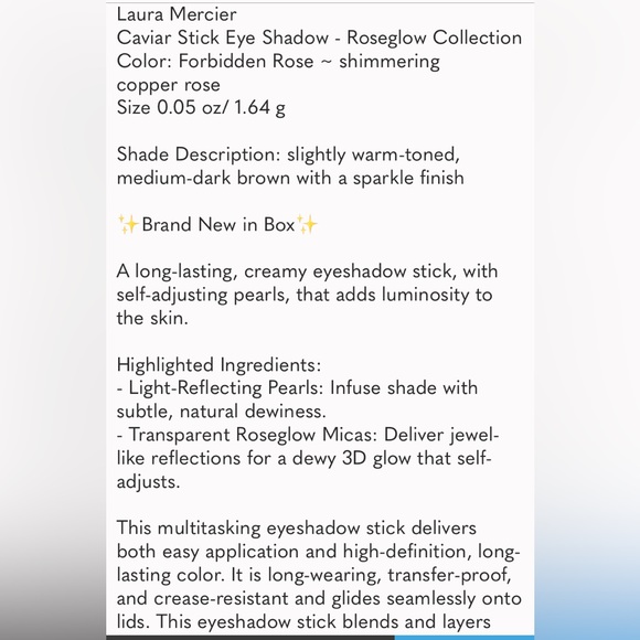Laura Mercier RoseGlow Caviar Stick EyeShadow in FORBIDDEN ROSE 🌹NWT! FULL SIZE - Picture 16 of 16